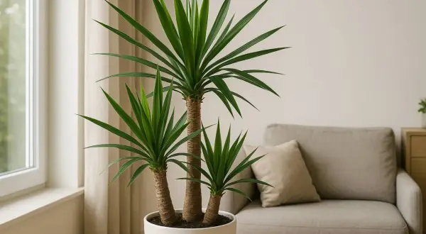Eine dreistämmige Yucca Palme in einem weißen Topf steht neben einem Fenster. Im Hintergrund ein beiger Sessel mit Kissen.