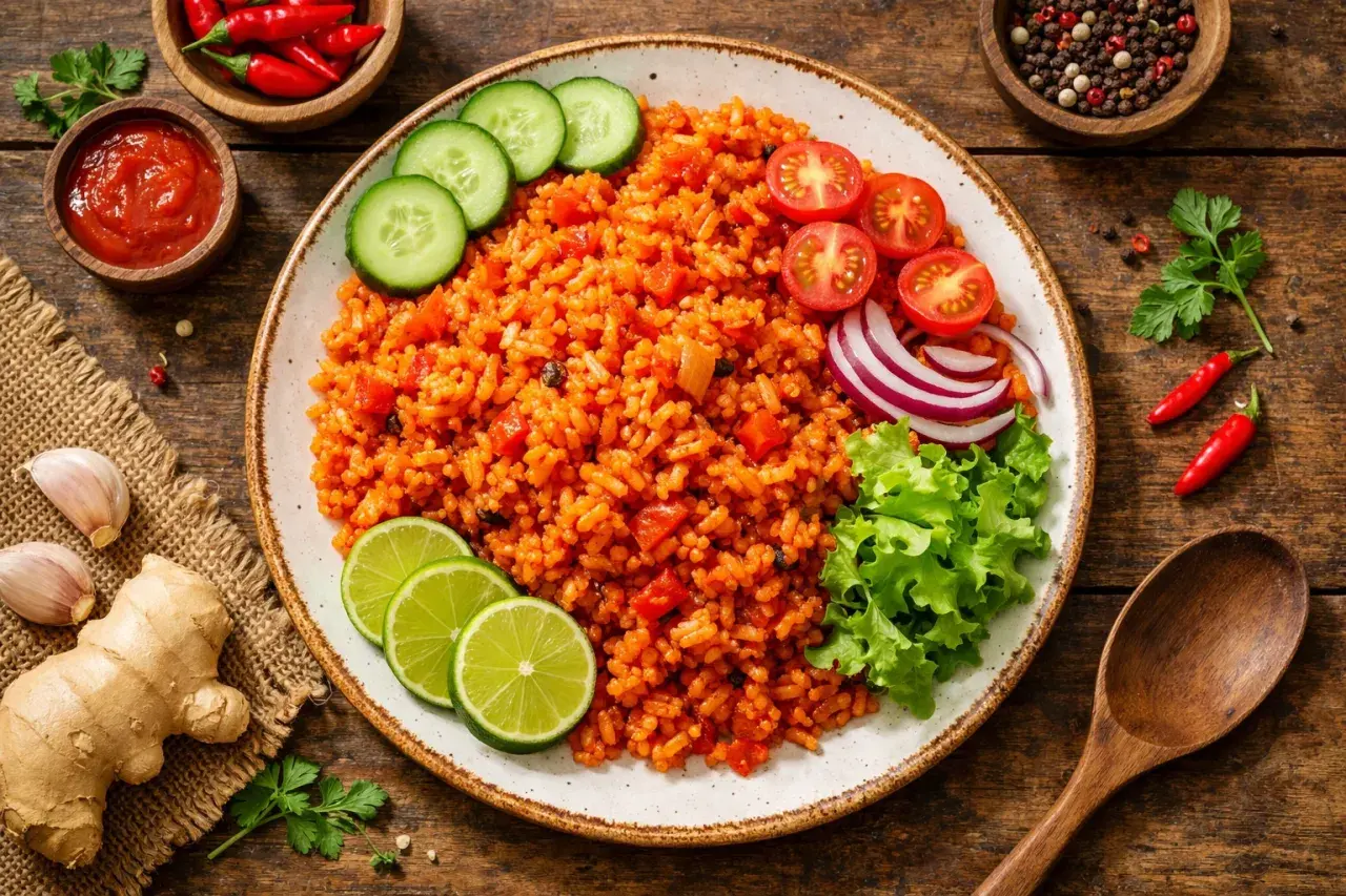 Ein Teller mit leckerem Jollof Rice, garniert mit Gurkenscheiben, Tomaten, Zwiebeln und Salat. Daneben liegen Limettenspalten, Ingwer, Knoblauch und Chilis.