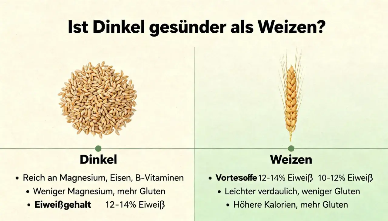 Dinkelkörner und eine Weizenähre im Vergleich. Dinkel ist reich an Magnesium, Eisen und B-Vitaminen, was ihn gesünder macht, besonders für Dinkelnudeln.