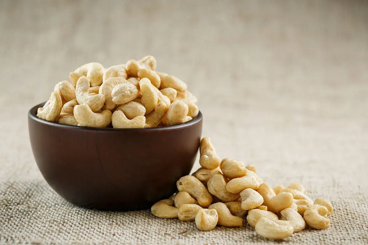 Schale mit Cashewkernen, die zeigen, wie gesund Cashewkerne sind. Ein paar Kerne sind daneben verstreut.