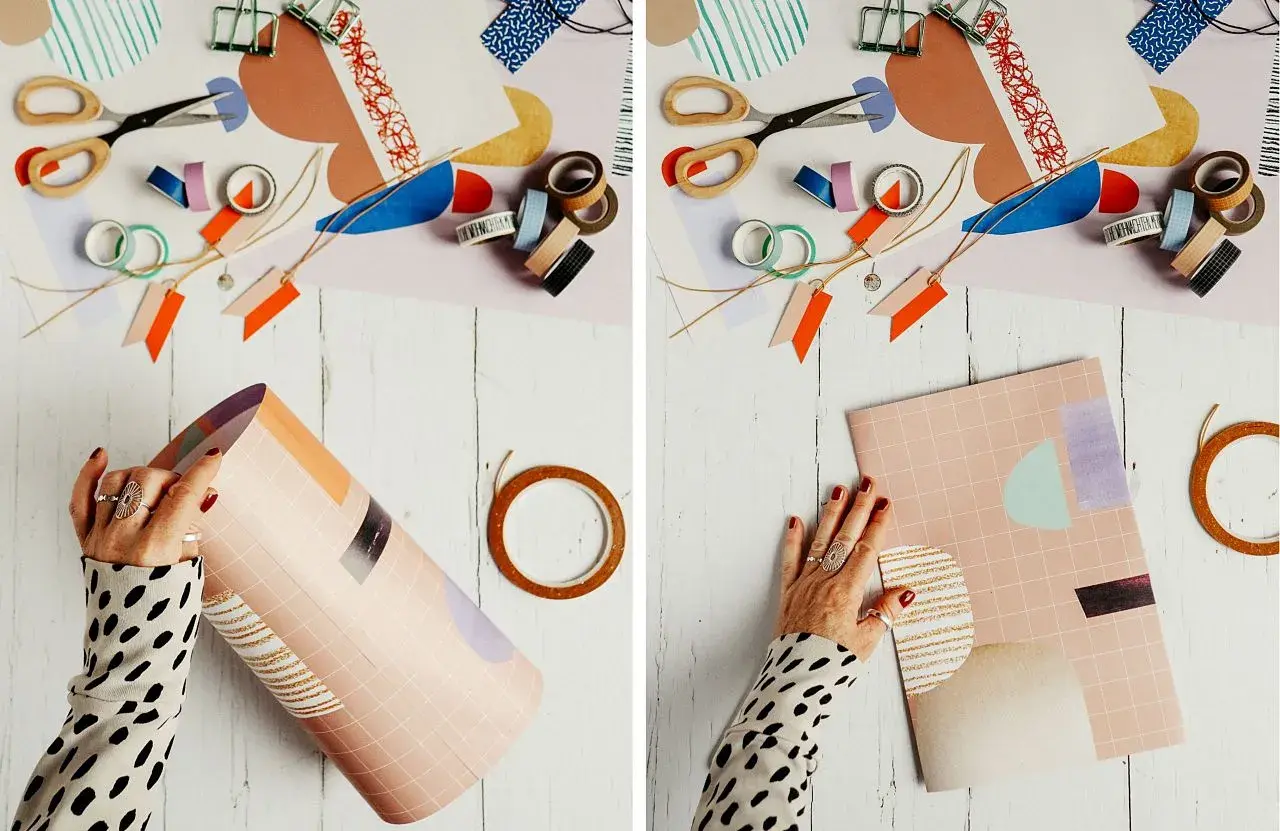 Kreativ geschenktaschen basteln mit buntem Papier, Schere und Klebeband. Hände formen eine Papierrolle zu einer Tasche.