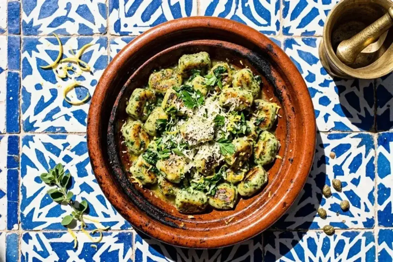 Spinat Ricotta Gnocchi, garniert mit Parmesan und Zitrone, serviert in einer Terrakotta-Schale auf blau-weißen Fliesen.