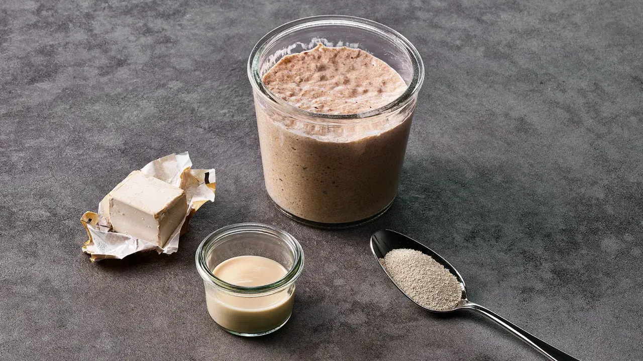 Frischer Hefewürfel, ein Glas mit Sauerteig, eine kleine Schale mit Milch und ein Löffel mit Trockenhefe – Zutaten für einen Hefe Ersatz.