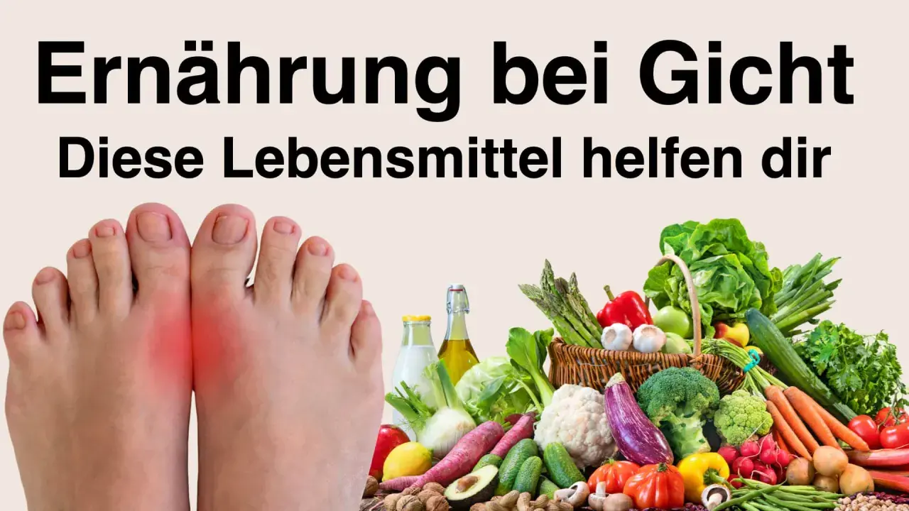 Ernährung bei Gicht: Füße mit Gichtschmerz und ein Korb voller frischem Gemüse und Obst. Diese purinarme Lebensmittel helfen dir.