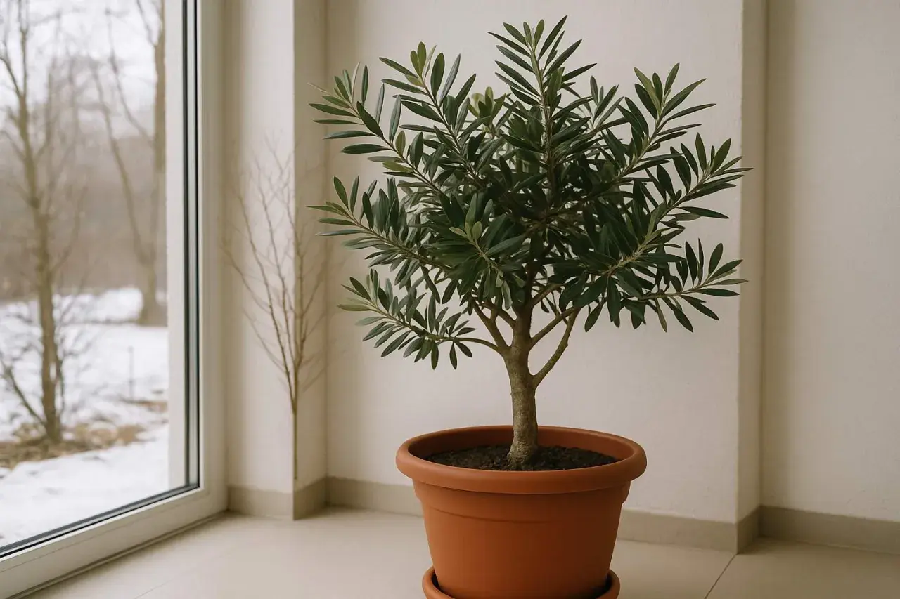 Ein kleiner Olivenbaum im Topf, bereit für die Olivenbaum Pflege. Im Hintergrund ein verschneiter Garten durch ein Fenster.