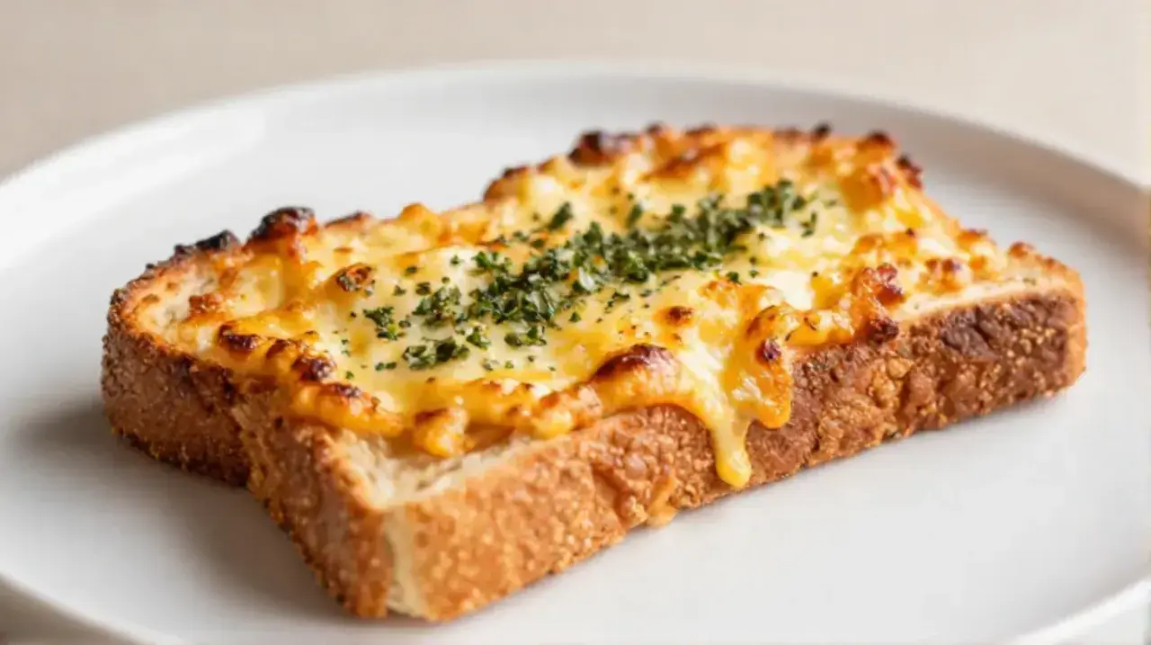 Ein knuspriges Toastie, üppig mit geschmolzenem Käse und Kräutern belegt. Perfekt zum Belegen und Genießen.