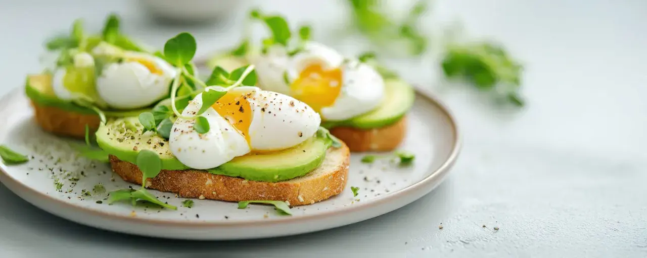 Zwei Avocadotoasts mit perfekt pochierten Eiern ohne Essig, garniert mit frischen Sprossen und Pfeffer.