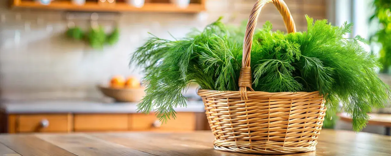 Ein Korb voller frischem Dill, dessen feine Blätter die Wirkung von Frische und Aroma versprechen.