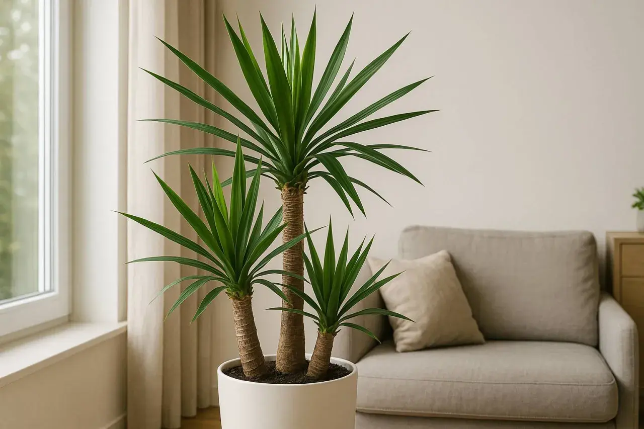 Eine dreistämmige Yucca Palme in einem weißen Topf steht neben einem Fenster. Im Hintergrund ein beiger Sessel mit Kissen.