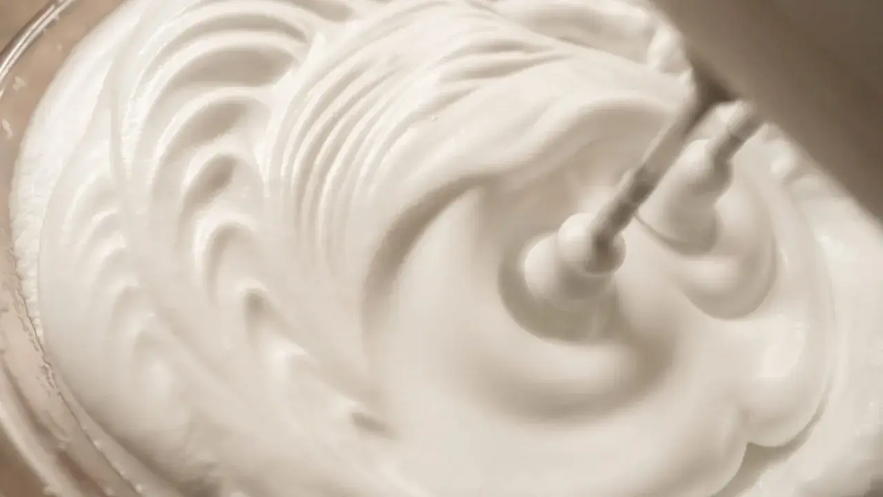 Sahne steif schlagen ohne Sahnesteif: Ein Handmixer formt cremige Wellen in der weißen Masse.
