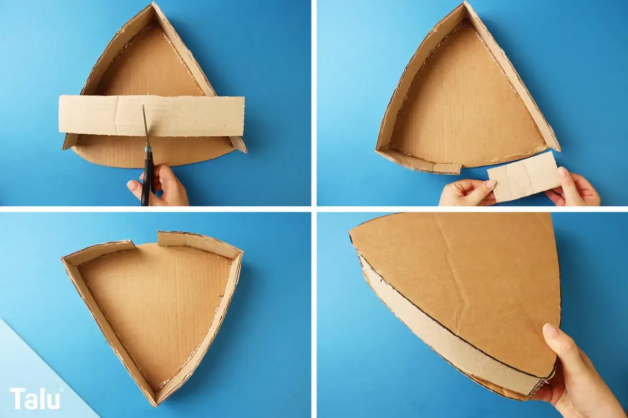 Schritt-für-Schritt-Anleitung, wie man eine Piñata selber machen kann. Karton wird zugeschnitten und geklebt.