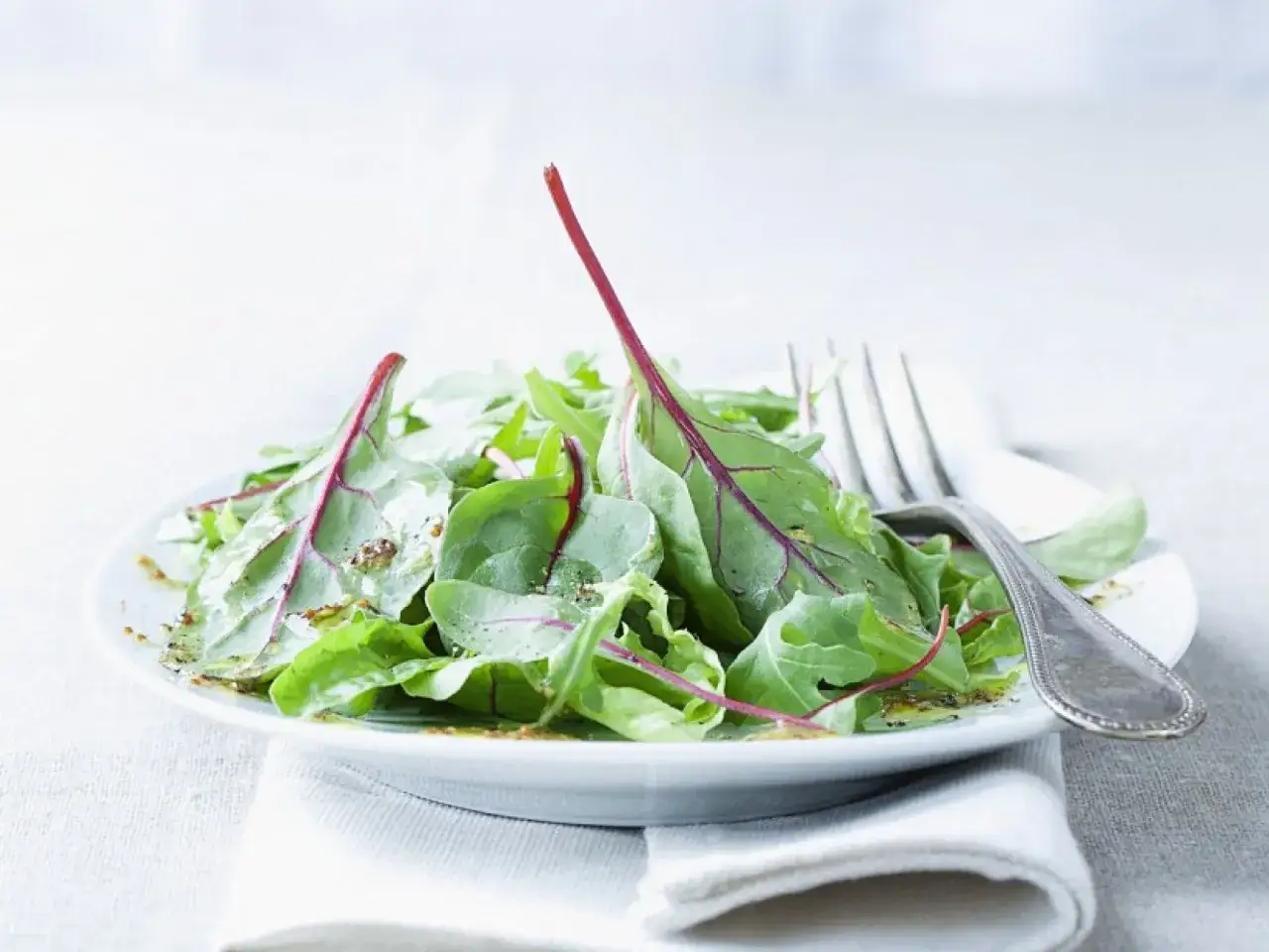 Frischer Salat mit Mangold roh essen. Knackige Blätter mit rotem Stiel, beträufelt mit Dressing, daneben eine Gabel.