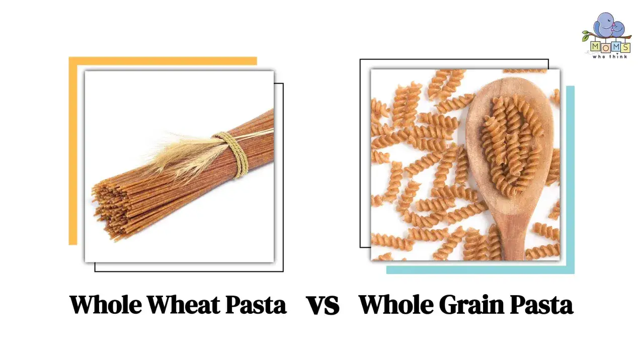 Dinkelnudeln sind gesund! Links Vollkornspaghetti, rechts Vollkornfusilli auf einem Holzl&ouml;ffel.