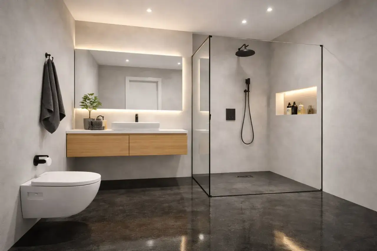 Modernes, fugenloses Badezimmer mit bodengleicher Dusche, schwebendem Waschtisch und wandh&auml;ngendem WC. Minimalistisches Design, das Eleganz und Funktionalit&auml;t vereint.