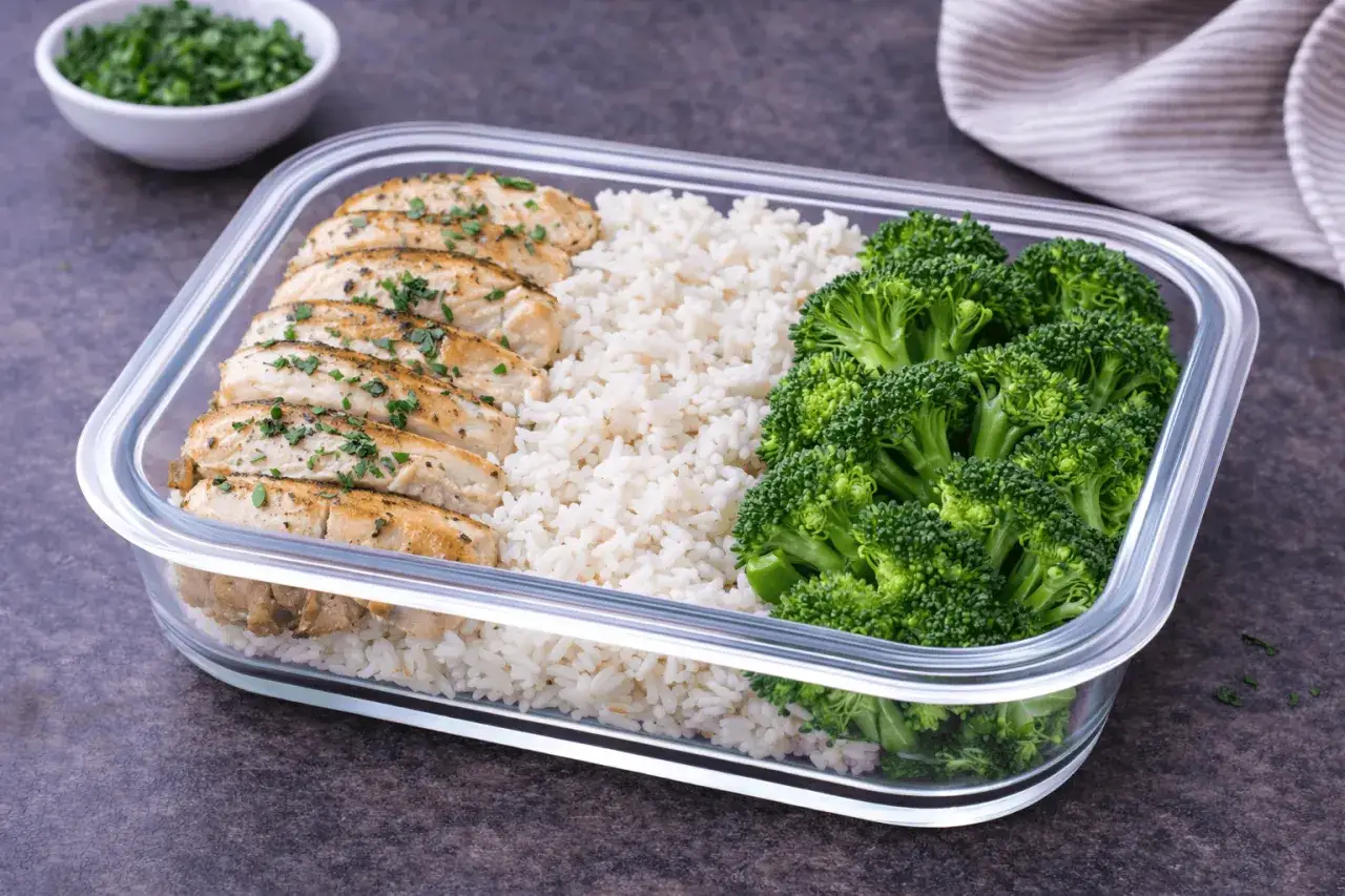 Meal prep Beh&auml;lter mit H&auml;hnchenbruststreifen, Reis und Brokkoli. Perfekt f&uuml;r gesunde Mahlzeiten.