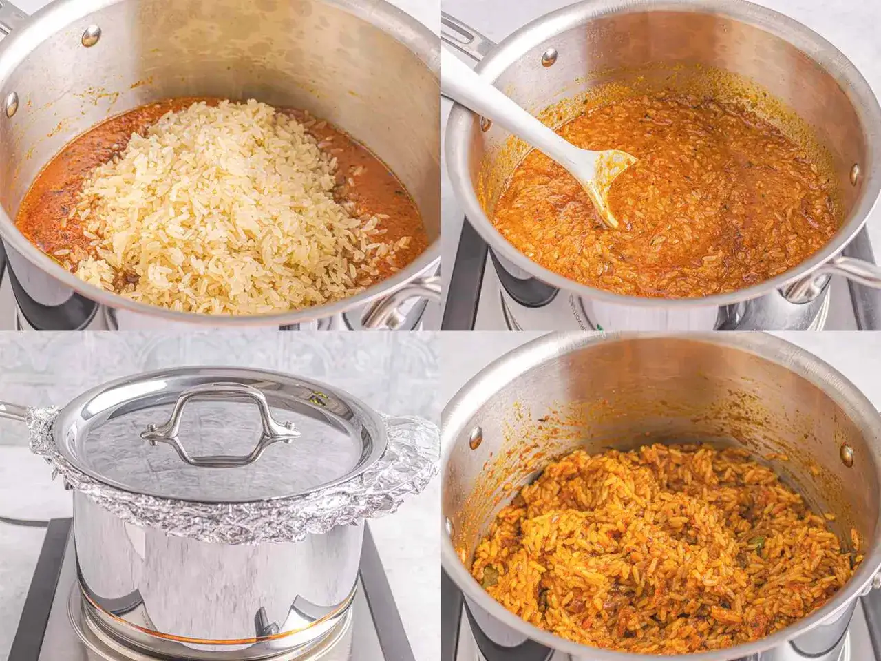 Vorbereitung von Jollof Rice: Reis wird zur Sauce gegeben, umgerührt, abgedeckt und fertig gekocht.