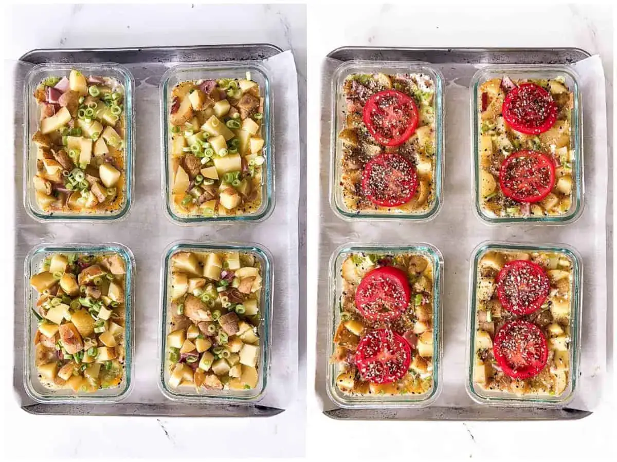 Vorbereitung f&uuml;r meal prep kartoffeln: gew&uuml;rfelte Kartoffeln mit Fr&uuml;hlingszwiebeln und Tomatenscheiben in Gl&auml;sern.