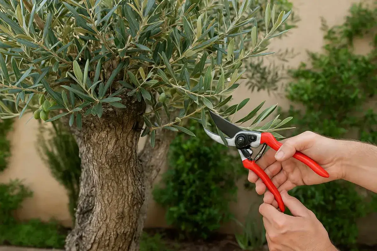 Hände mit roter Gartenschere schneiden Zweige eines jungen Olivenbaums. Die richtige olivenbaum pflege sorgt für gesunde Früchte.