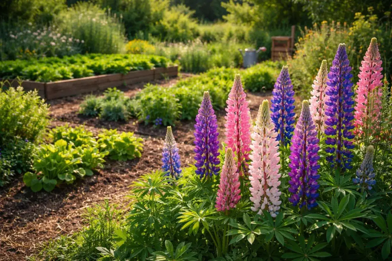 Bunte Lupinen bl&uuml;hen im Vordergrund eines Gartens mit Gem&uuml;sebeeten. Ein idealer lupinen standort.