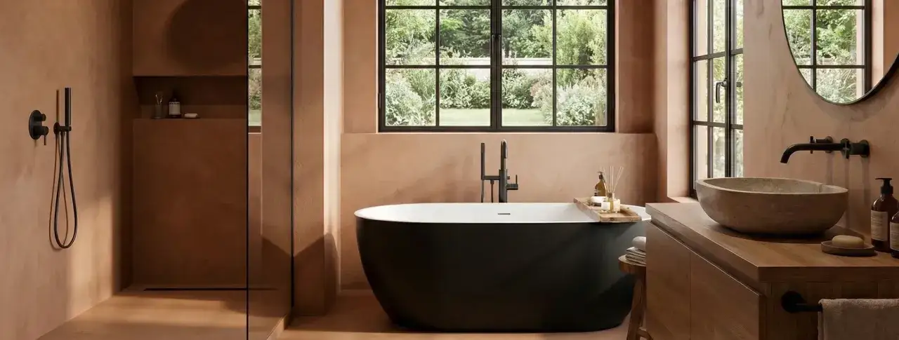Modernes bad ohne fliesen mit freistehender Wanne, Steinwaschbecken und gro&szlig;er Dusche. Nat&uuml;rliche Materialien und erdige T&ouml;ne schaffen eine entspannende Atmosph&auml;re.