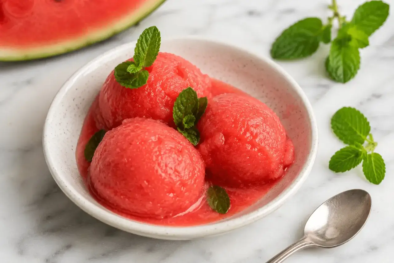 Erfrischendes Wassermelonen Sorbet in einer Schale, garniert mit Minze. Daneben ein St&uuml;ck Wassermelone und ein L&ouml;ffel.