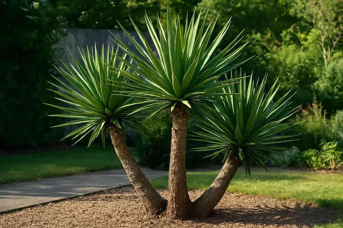 Drei Stämme einer Yucca Palme ragen aus einem Beet mit Rindenmulch. Die grünen, spitzen Blätter bilden buschige Kronen.