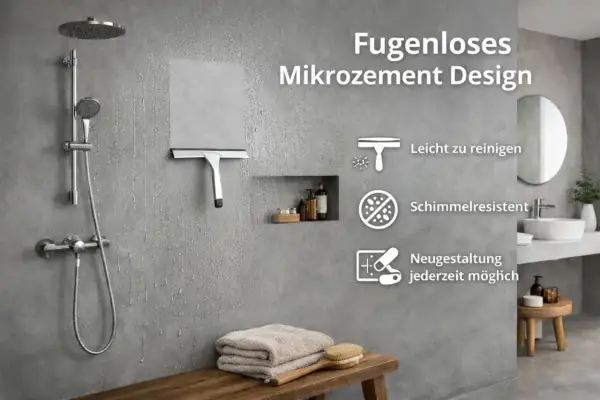 Modernes, fugenloses Badezimmer mit Mikrozement-Design. Dusche, Handtücher und ein Fensterwischer sind zu sehen.