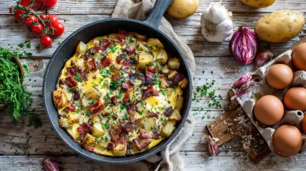 Herzhafte Kartoffel-Speck-Pfanne, perfekt, um Reste zu verwerten. Mit Eiern, Kartoffeln, Speck und Kräutern.