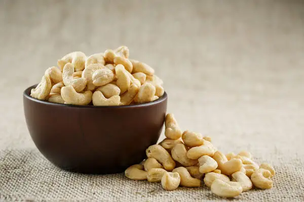 Schale mit Cashewkernen, die zeigen, wie gesund Cashewkerne sind. Ein paar Kerne sind daneben verstreut.