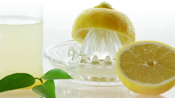 Frisch gepresster Zitronensaft in einem Glas, bereit zur Lagerung. Eine halbe Zitrone liegt auf einer Zitruspresse.