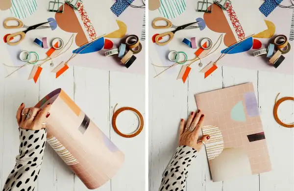 Kreativ geschenktaschen basteln mit buntem Papier, Schere und Klebeband. Hände formen eine Papierrolle zu einer Tasche.
