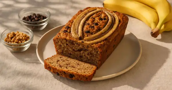 Ein saftiges Bananenbrot ohne Zucker, vegan, mit Schokostückchen und Bananenscheiben garniert. Daneben Schüsseln mit Schokodrops und Nüssen.
