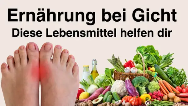 Ernährung bei Gicht: Füße mit Gichtschmerz und ein Korb voller frischem Gemüse und Obst. Diese purinarme Lebensmittel helfen dir.
