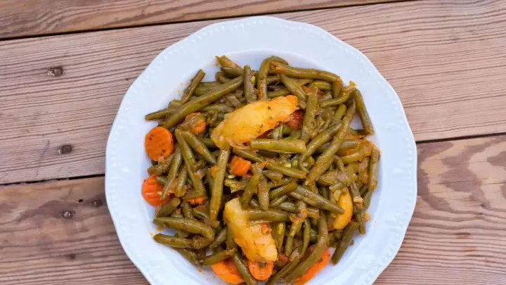 Ein Teller mit einem köstlichen Fasolakia Rezept, das grüne Bohnen, Kartoffeln und Karotten in einer würzigen Sauce zeigt.